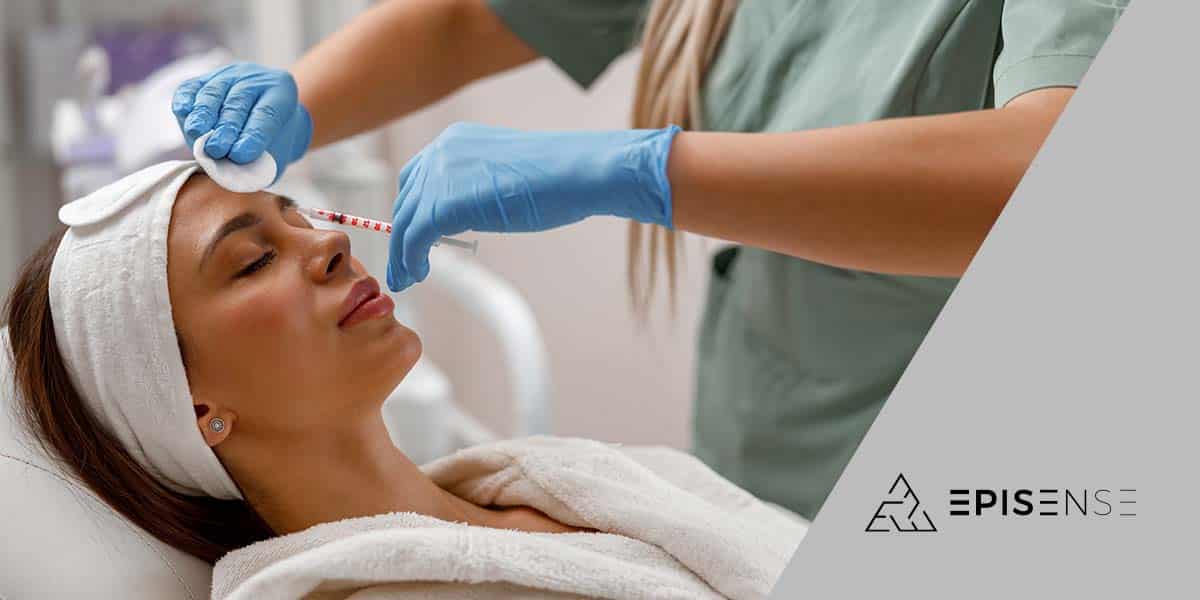 Médica aplicando colagénio no rosto de mulher - site Episense clínica de medicina estética facial e corporal em Matosinhos, Porto - Portugal